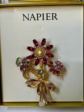Napier Gold-Tone Floral Brooch with Pink, Purple, Green & Yellow Stones